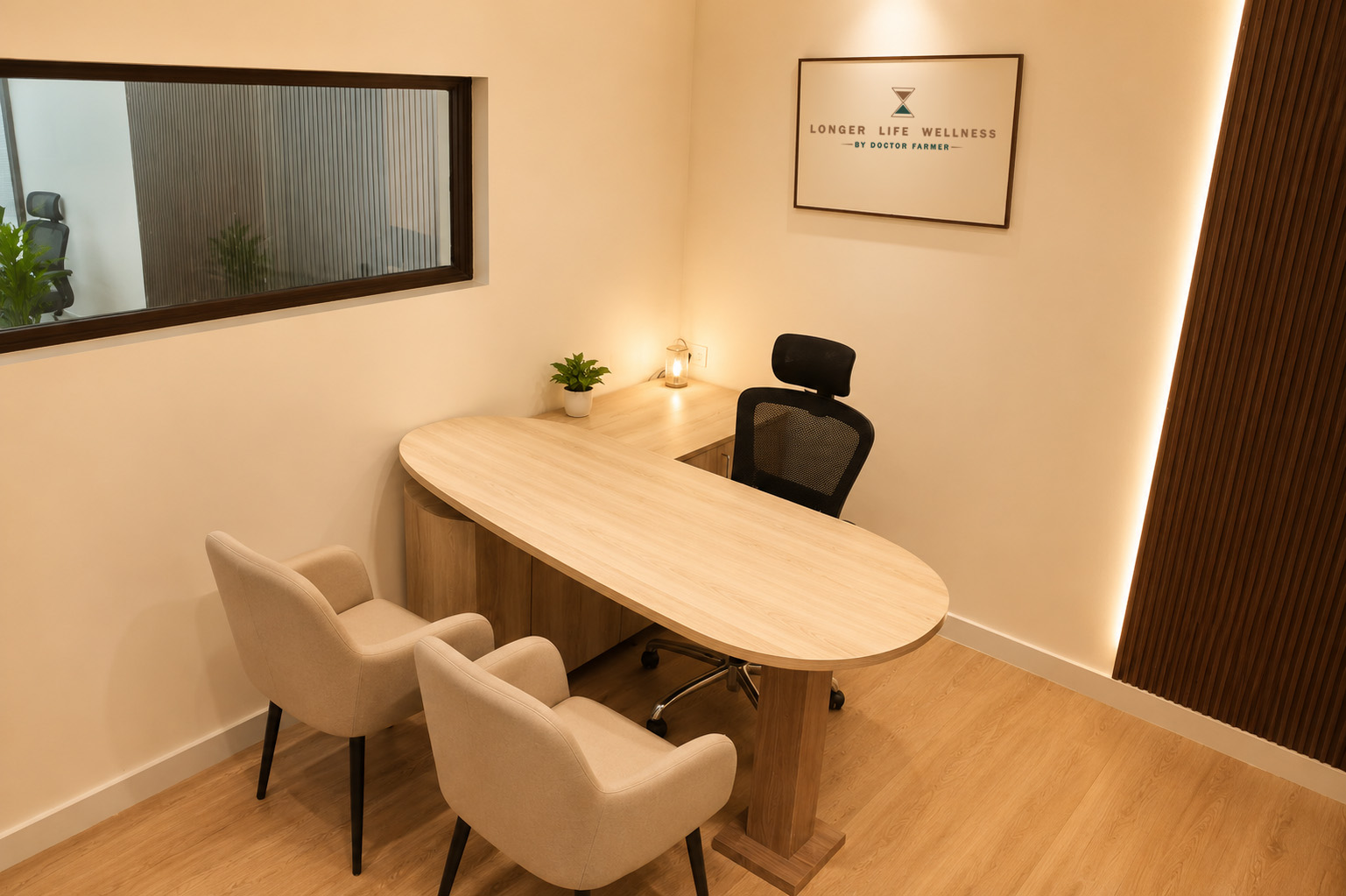 Longer Life Wellness consultation room with wooden desk and warm lighting