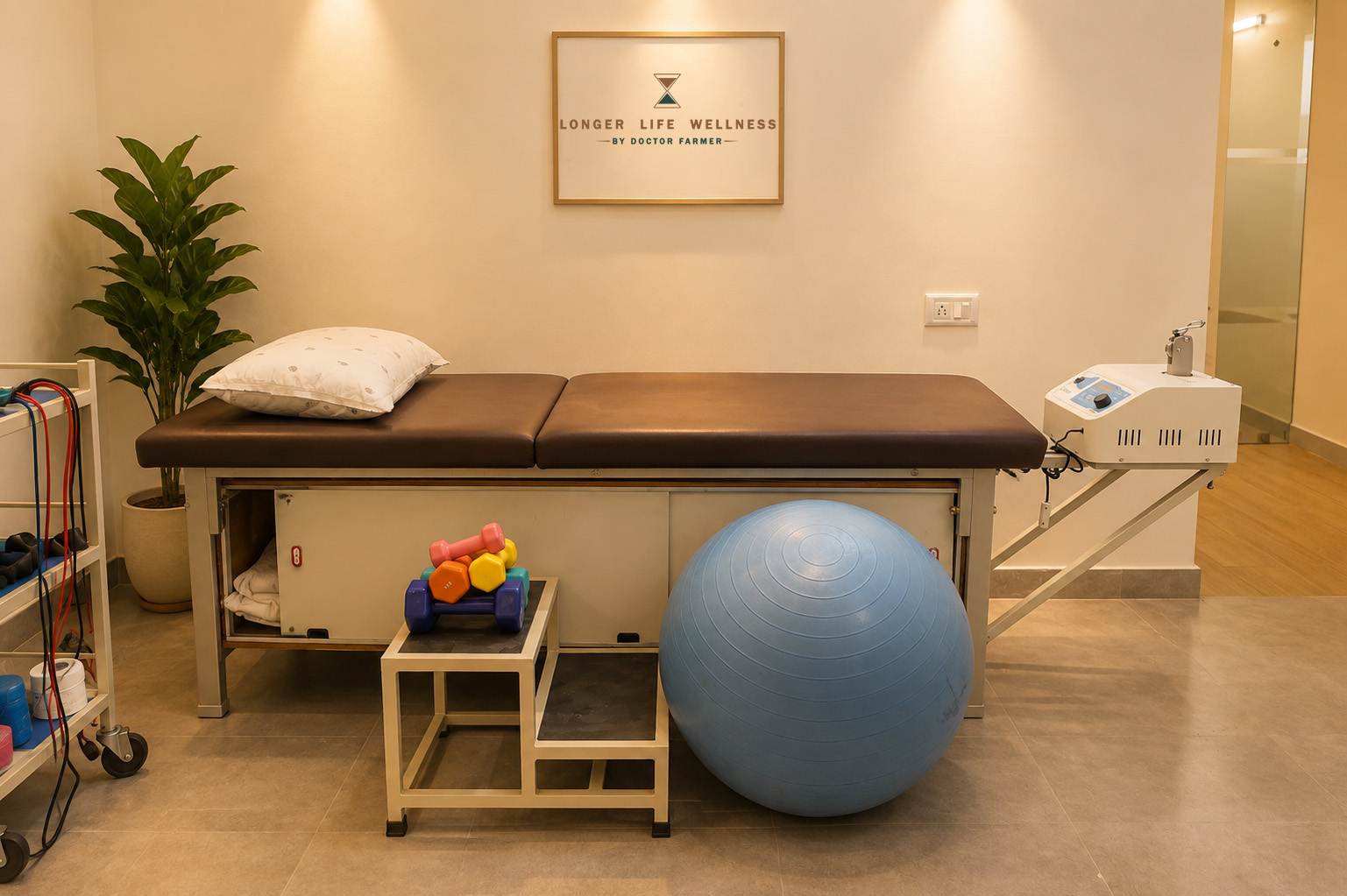 Physiotherapy treatment table with therapy ball, dumbbells and equipment