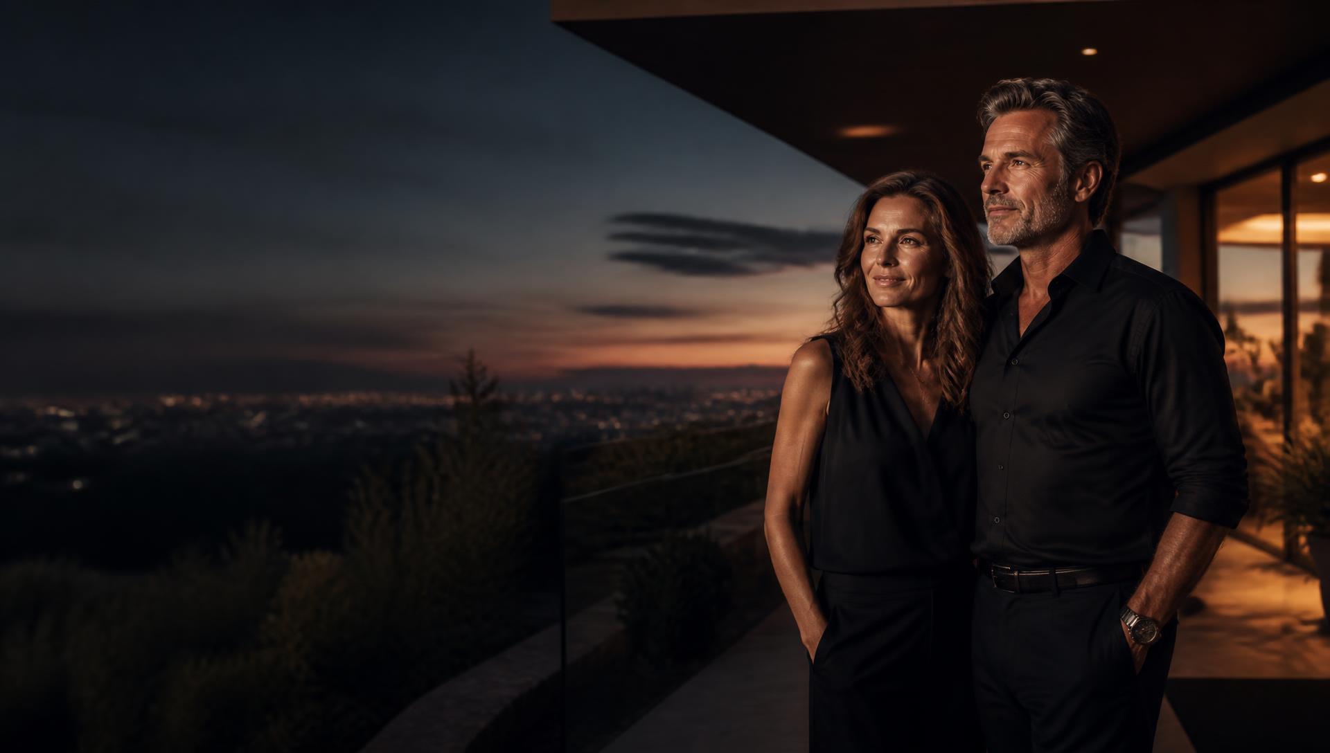 A confident couple in their fifties on a terrace at dusk