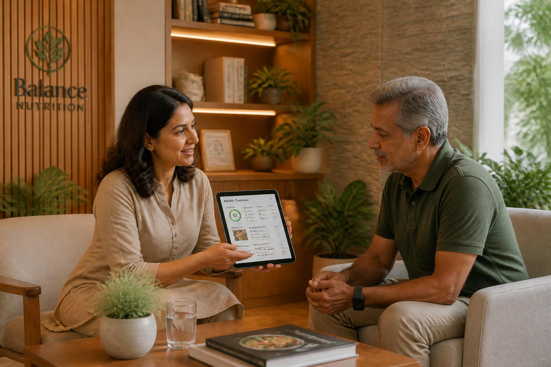 A nutritionist reviewing a health report with a client in a warm consultation room