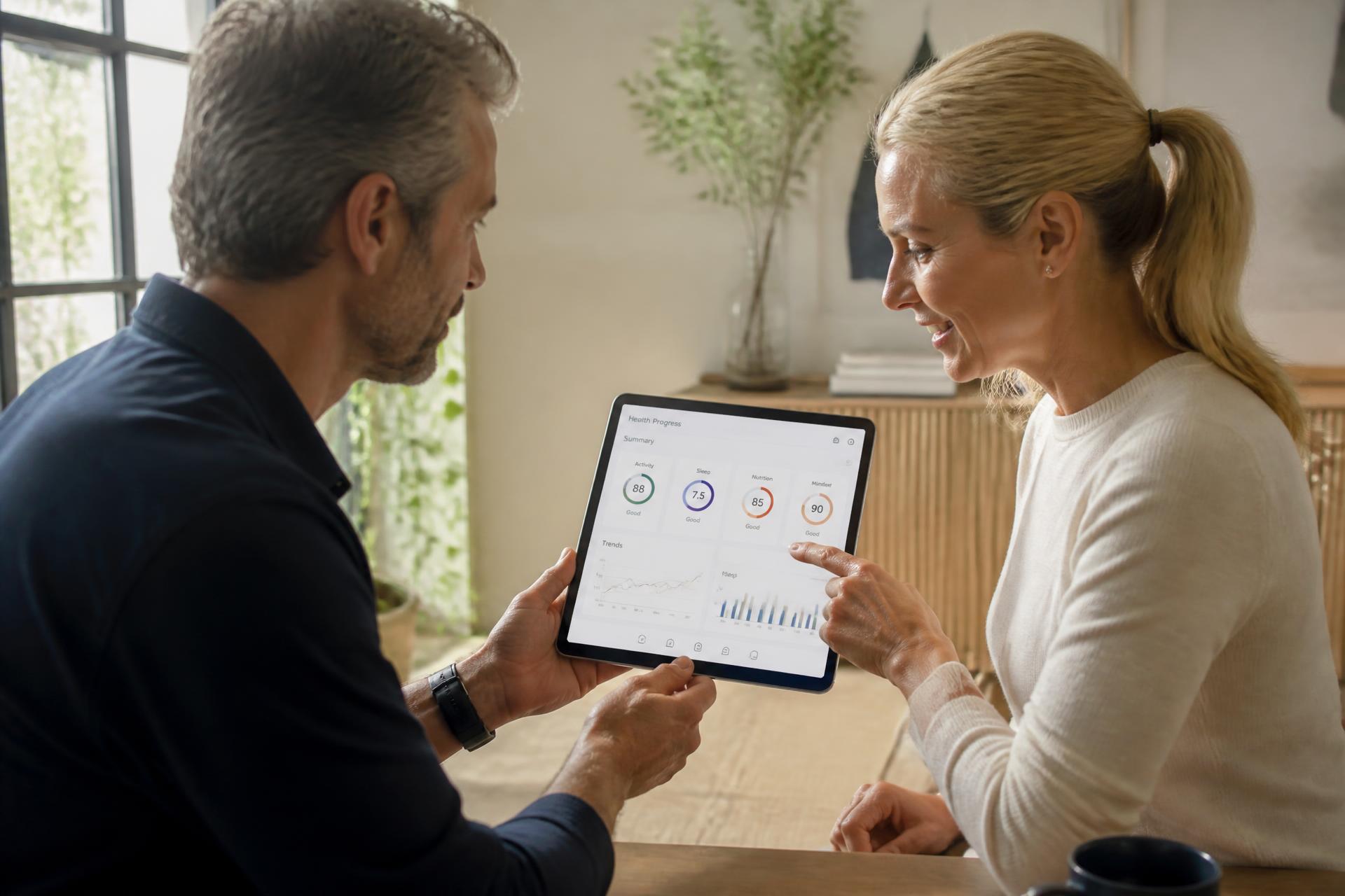A wellness expert and client reviewing a simple health dashboard on a tablet