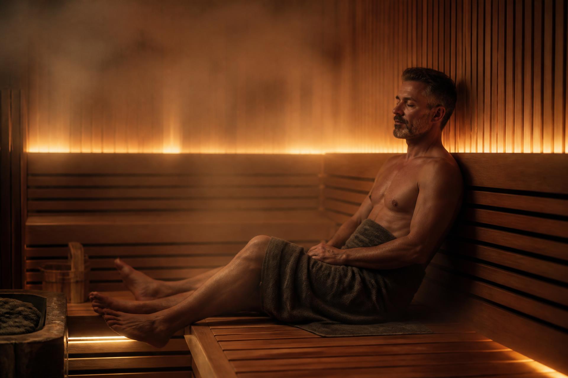 A relaxed man sitting in an elegant wooden dry sauna with warm amber light