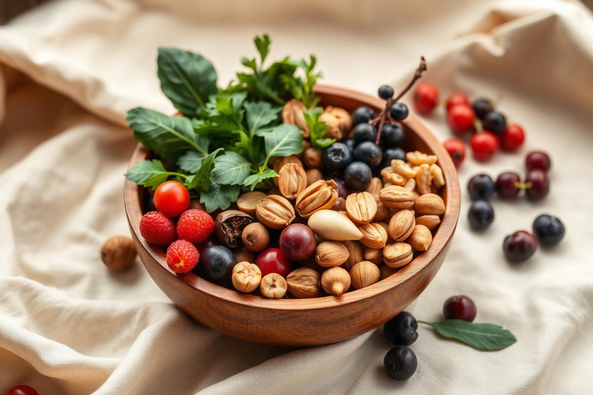 A wooden bowl of colourful whole foods on warm linen
