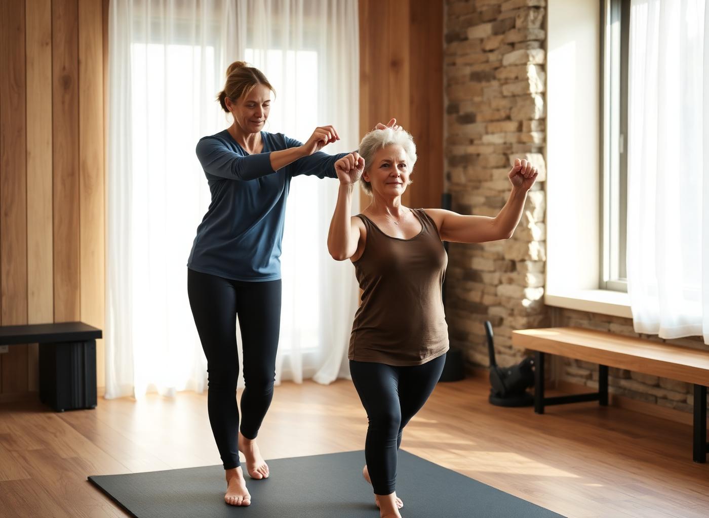 An adult performing a guided strength and mobility exercise with a coach